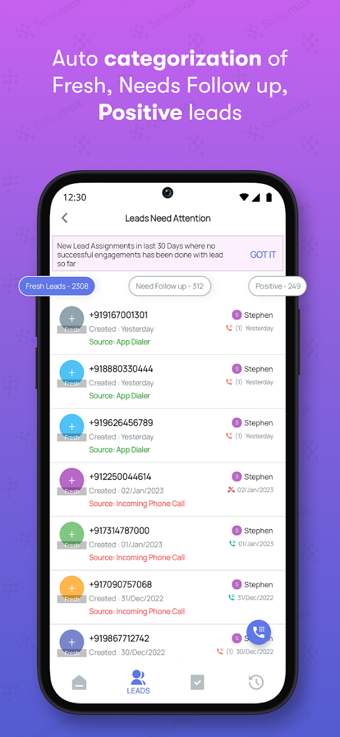Contact timeline — calls, WhatsApp messages, and tasks in sequence
