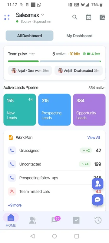 Salesmax mobile app home screen — team pulse, active leads pipeline, and work plan