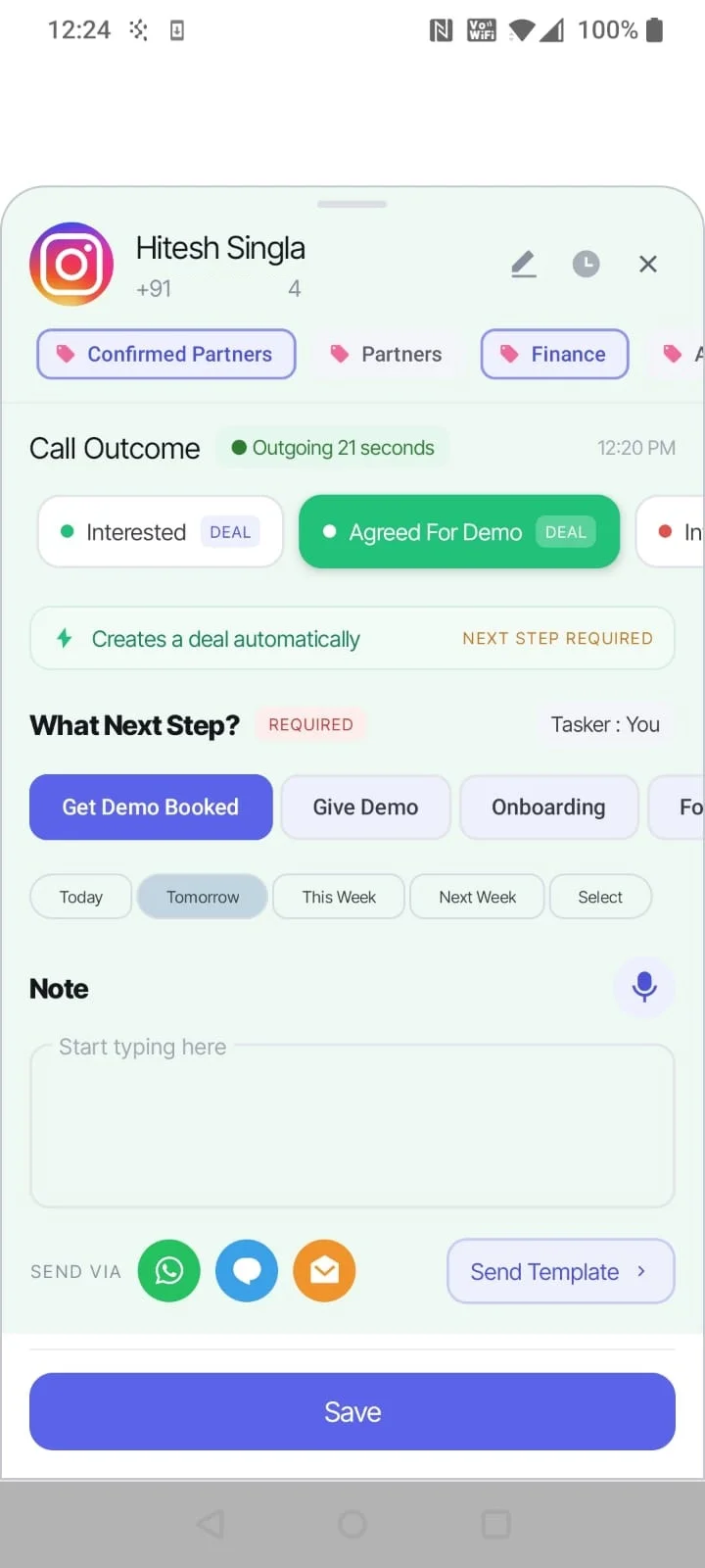 Open product image full screen SalesMax call outcome screen with disposition, deal movement, next action, and notes