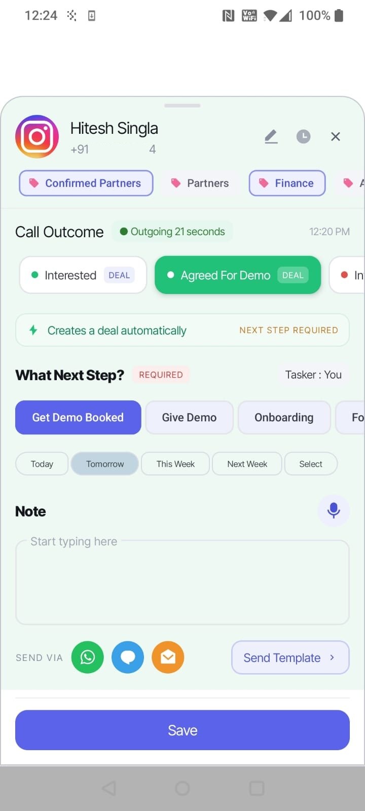 SalesMax call outcome screen showing disposition, automatic deal creation, next action, follow-up timing, and notes