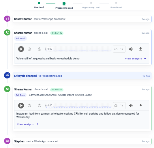 SalesMax customer timeline with WhatsApp messages, calls, owner, follow-up, and deal stage