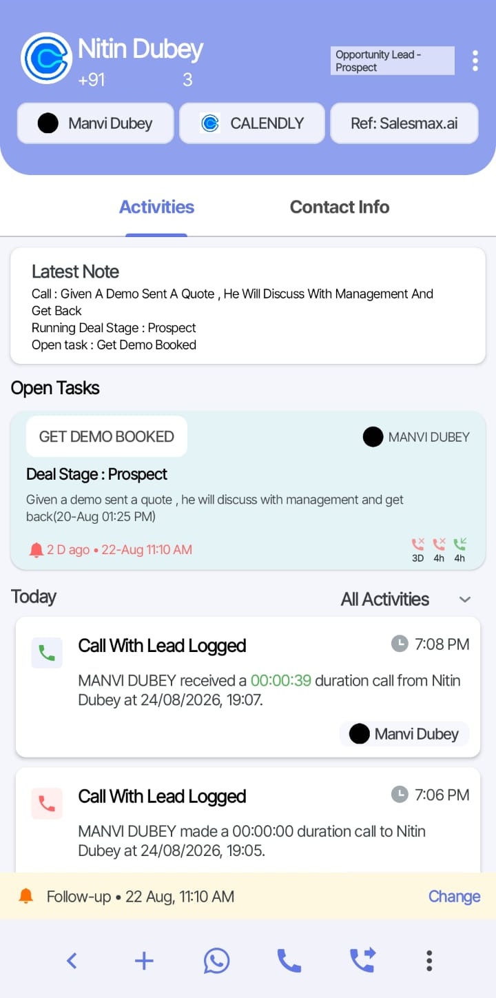 SalesMax mobile lead record showing its owner, latest note, open task, call history, and overdue follow-up